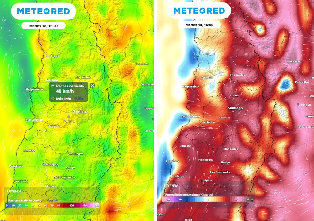 mapa de rachas de viento y anomalía de temperatura