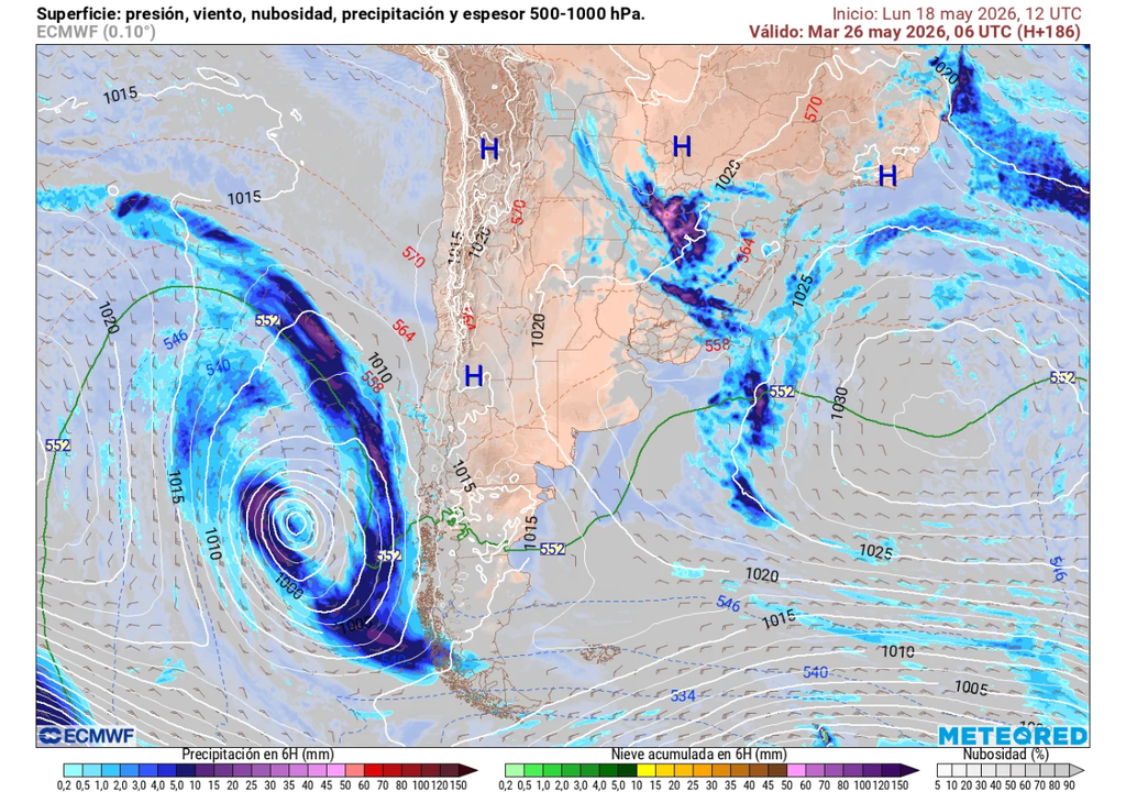 sistema frontal previsto Los sistemas de baja presión se formarán nuevamente frente a Chile, llevando lluvias hacia el país en la última semana del mes.