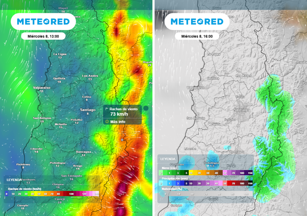 mapas de rachas de viento y nubosidad Este miércoles tendremos un ambiente nuboso en la cuenca capitalina, además de aumento de inestabilidad en cordillera, con fuertes vientos en la tarde.