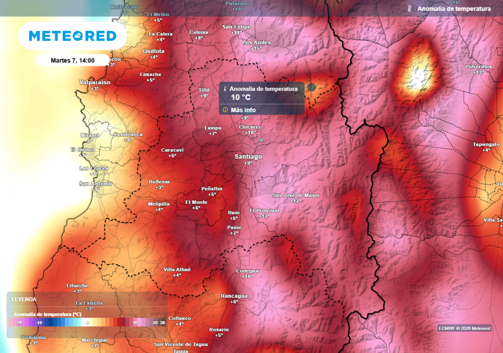 mapa de anomalía de temperatura Se espera un alza térmica importante también para el martes: la máxima tendrá valores anómalos, superiores en al menos 10 grados a lo típico para la época.