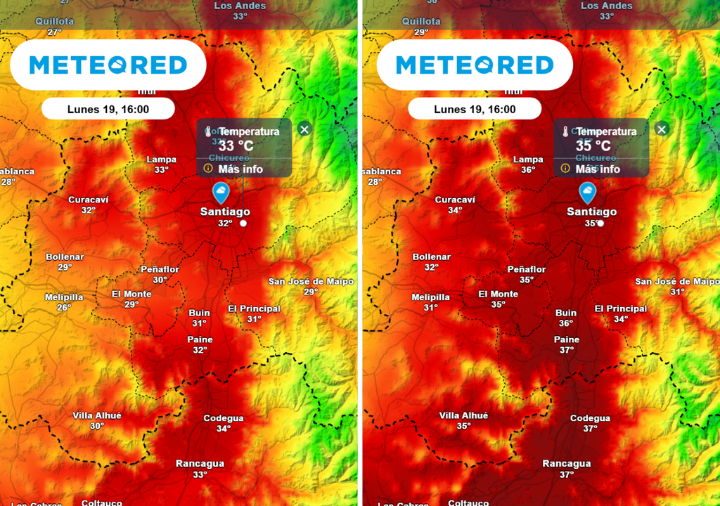 El modelo norteamericano GFS proyecta temperaturas más elevadas que el ECMWF este lunes en Santiago: cerca de 35 °C en el centro de la ciudad.