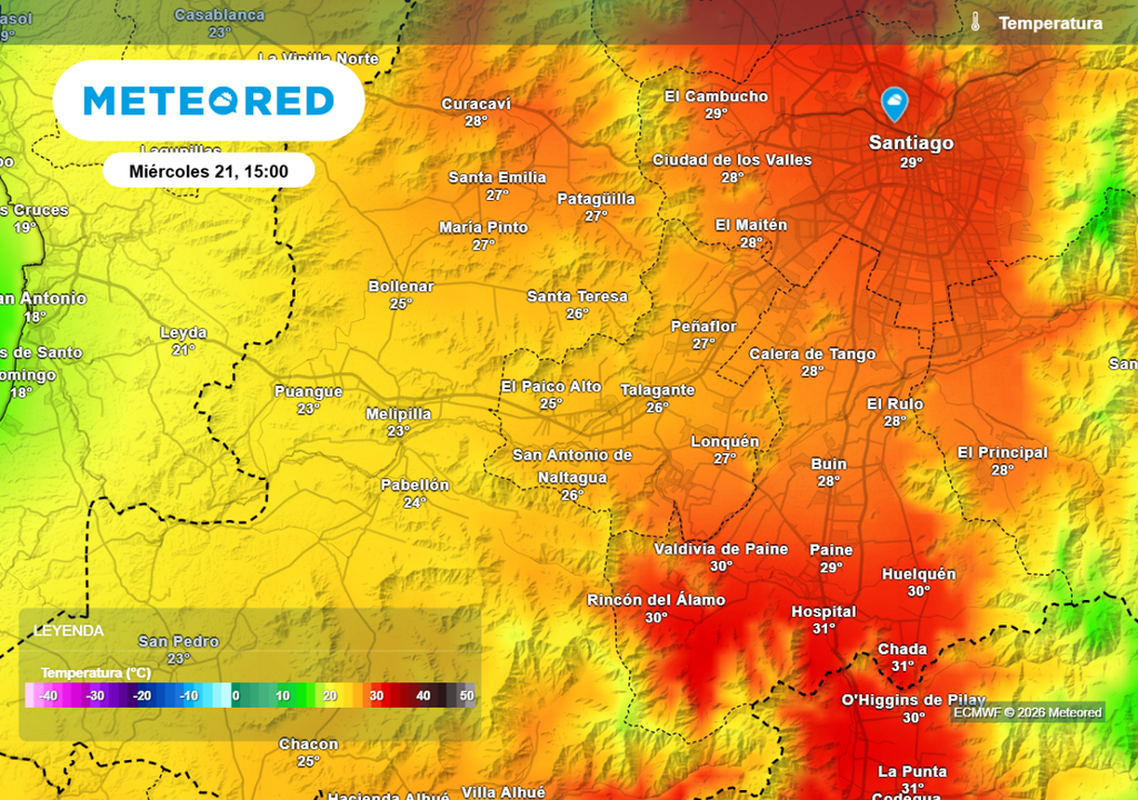 Sector poniente de la RM verá temperaturas de hasta 23 °C, mientras en Santiago se muevan cercanas a los 30 °C