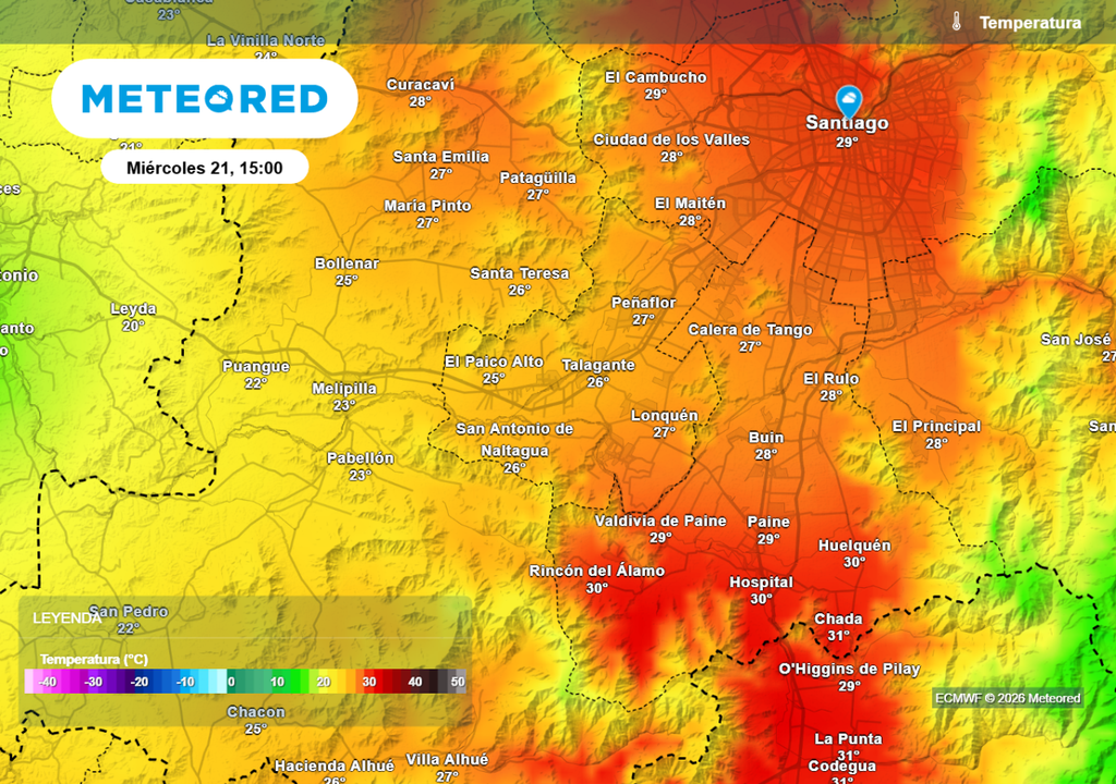 Modelo europeo proyecta un escenario más fresco en el sector poniente de la RM este miércoles.