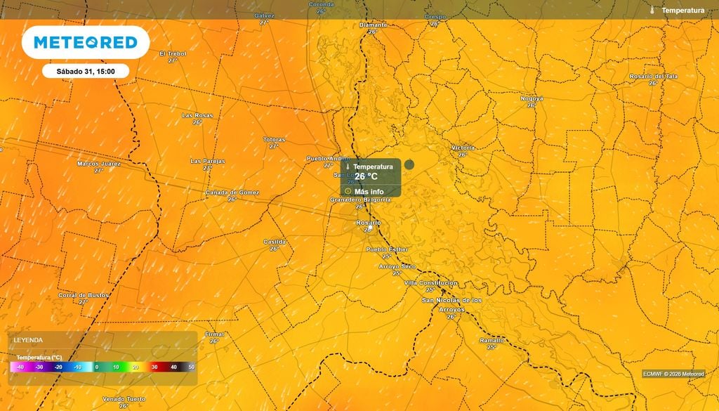Temperaturas para el día sábado 31 de Octubre a las 15 h, según el modelo ECMWF.