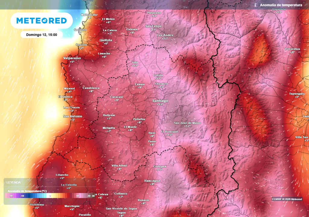 mapa de anomalía de temperatura Este domingo seguirán las máximas sobre lo normal para la época: se alcanzará el peak de la semana.