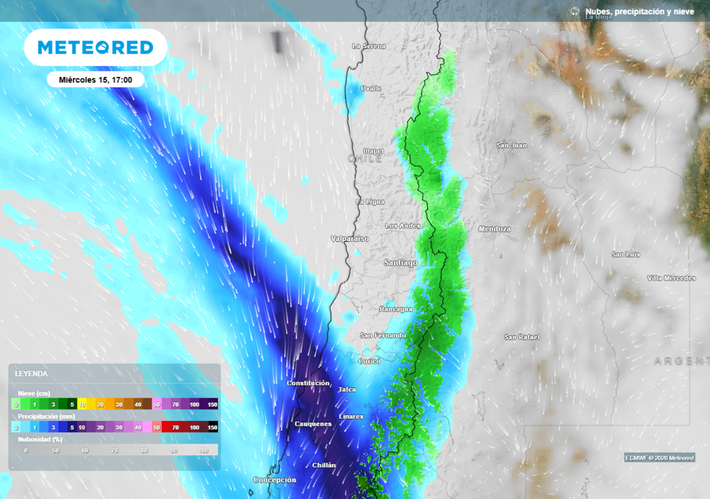 mapa de precipitaciones y nubosidad Un sistema frontal avanzará durante el miércoles por el territorio central, lo que aportará nubosidad y un descenso térmico en la capital.