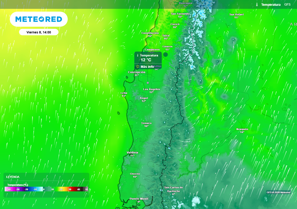 Temperatura máxima (°C) para el viernes (08) en Chile centro-sur.