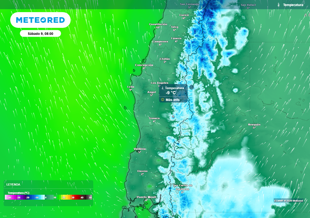 Temperatura mínima (°C) para el sábado (09) en Chile centro-sur.
