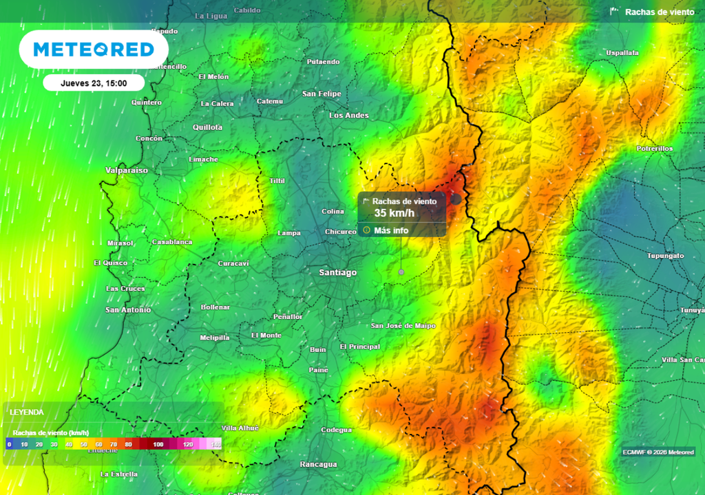 mapa de viento Esta tarde de jueves todavía se sentirían algunas ráfagas de viento, principalmente en el sector oriente de la RM.