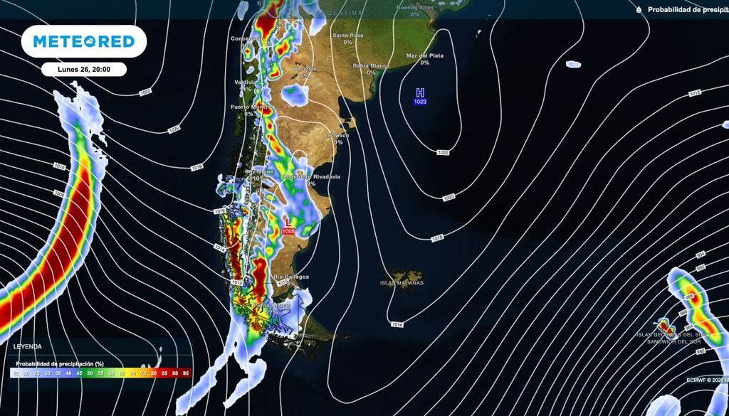 Probabilidad de precipitaciones Durante la tarde del lunes, sobre el borde occidental del anticiclón y potenciadas por una vaguada en altura, se espera el desarrollo de tormentas y chaparrones en un corredor paralelo a la cordillera.