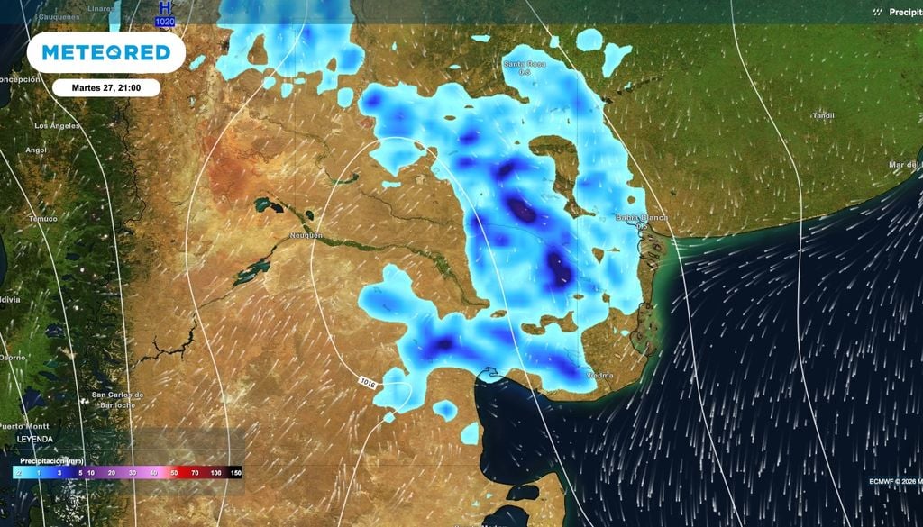 Lluvias martes Para el martes a la tarde, el avance finalmente de un sistema frontal activará precipitaciones y tormentas sobre el este de Río Negro y sectores de La Pampa, antes de avanzar hacia el noreste.
