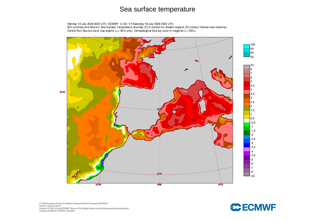 El modelo europeo contempla que a finales de semana las aguas del mar Tirreno, mar Balear, golfo de Génova y golfo de Vizcaya podrían estar en algunas zonas de 5 a 7 ºC más altas respecto a la media de la época.