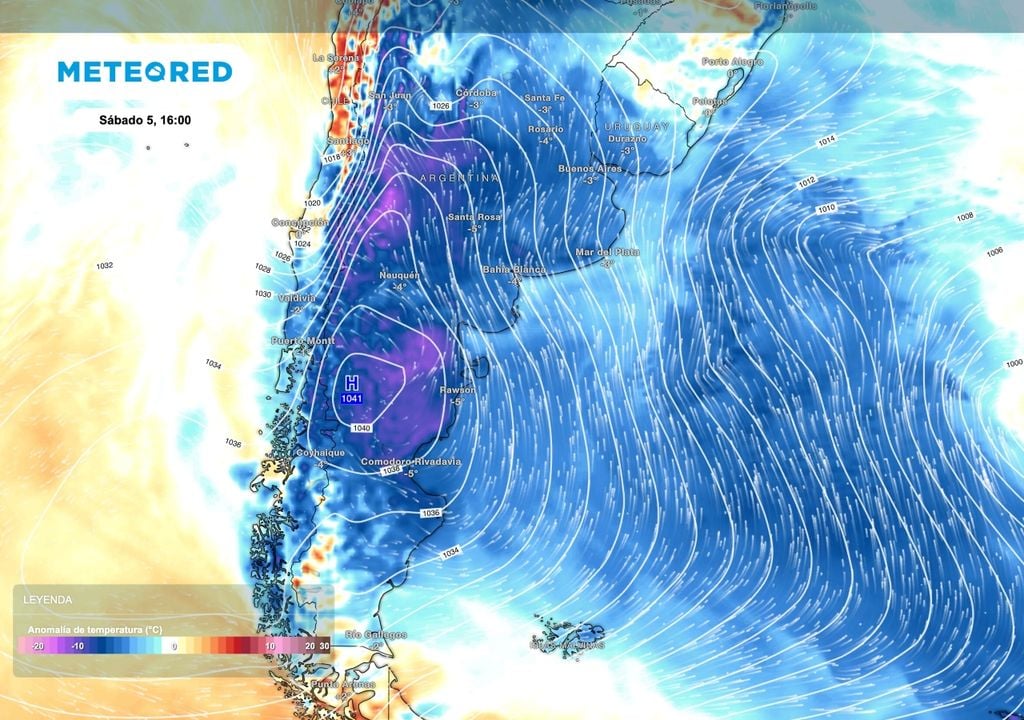 ANomalías Tapa Las anomalías de temperatura del sábado muestran claramente a la poderosa masa de aire antártico cubriendo no solo la Patagonia, sino ya gran parte del país.