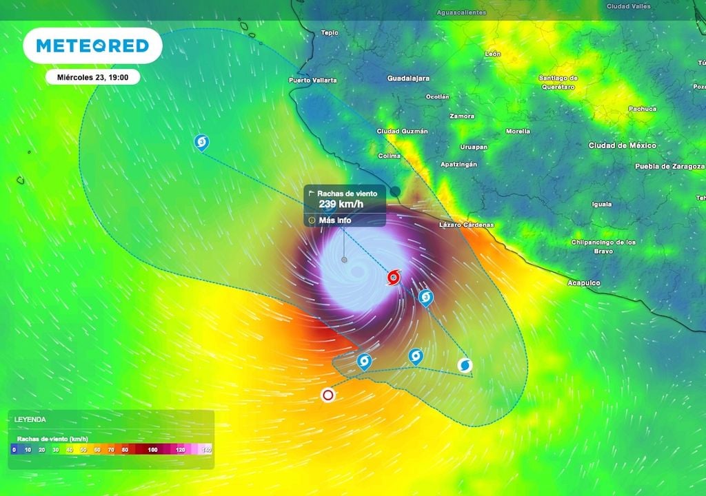Las rachas de viento en la periferia del sistema alcanzarán valores superiores a los 200 km/h a mitad de semana. Las rachas de viento en la periferia del sistema alcanzarán valores superiores a los 200 km/h a mitad de semana.