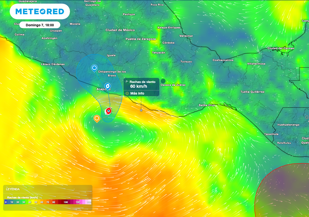 Se pronostica rachas de 60 a 80 km/h que se intensificarán durante la noche en costas de Guerrero y Oaxaca. Además de rachas de 40 a 60 km/h en costas de Jalisco, Colima y Michoacán.