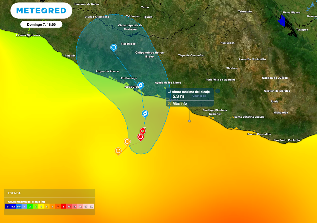 Se preve oleaje de 4 a 6 metros de altura en costas de Guerrero y Oaxaca, y oleaje de 2 a 3 metros de altura en costas de Jalisco, Colima y Michoacán.