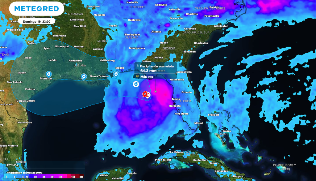 Se preven acumulados importantes 50 a 80 mm en costas de Florida durante las próximas 24 horas.