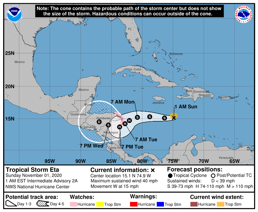 Se forma la tormenta tropical Eta en Caribe central posible huracán