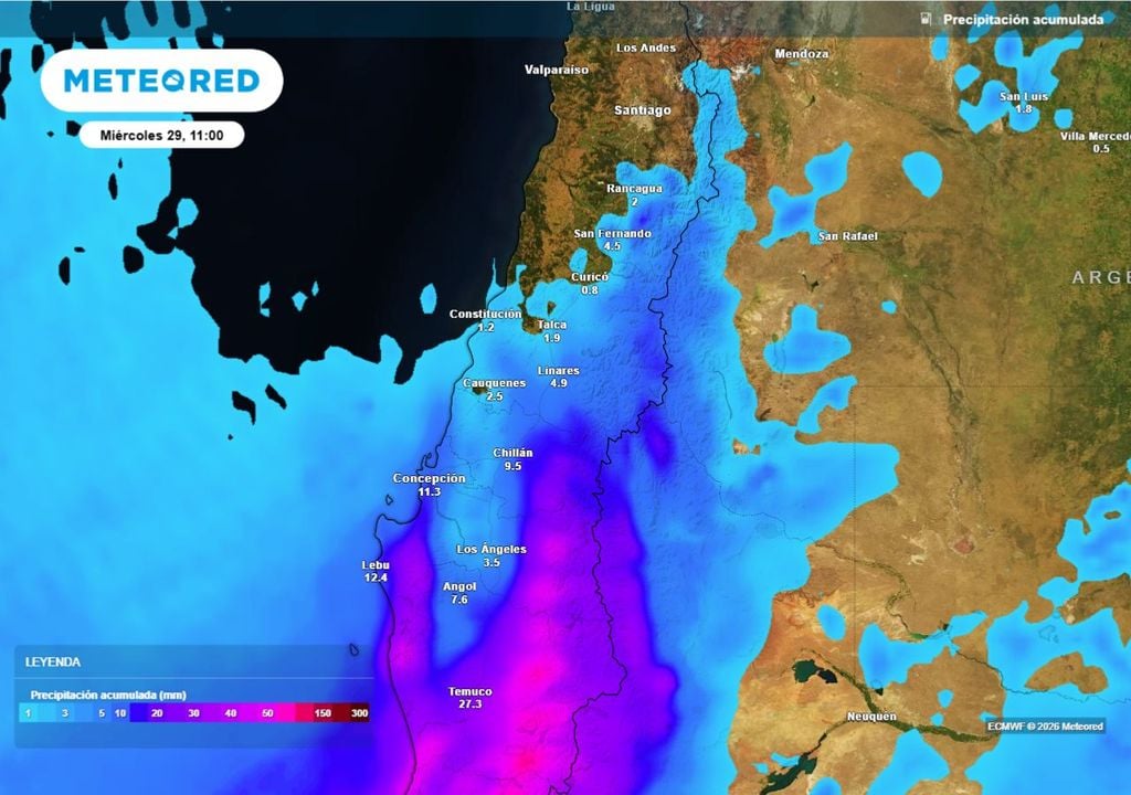 Precipitaciones acumuladas durante la semana en la zona central y centro-sur, según el modelo ECMWF.