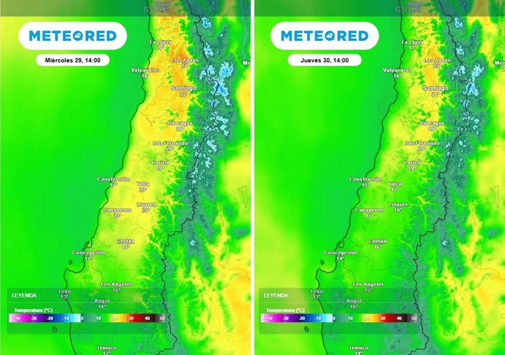 Temperaturas máximas entre miércoles y jueves en la zona central, con un leve descenso hacia el final del período.