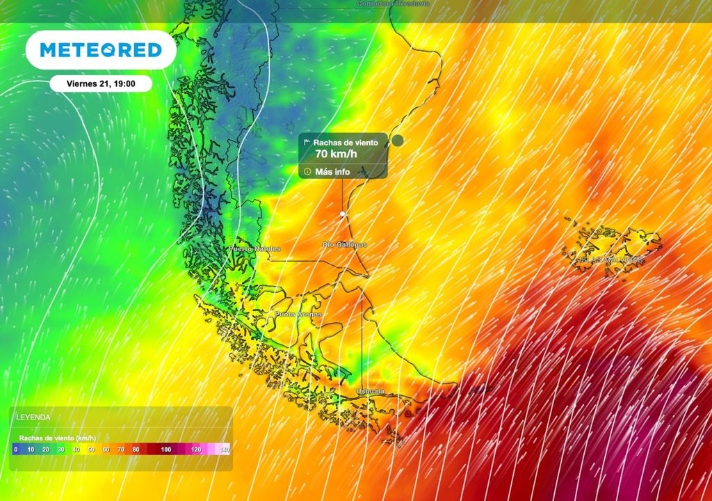 Rafagas DOS El gradiente de presión más apretado sobre la costa sur de la Patagonia generará períodos de viento intenso especialmente durante el viernes 21.