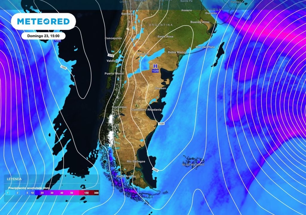 Lluvia acumulada Patagonia Las lluvias acumuladas durante el fin de semana muestran el patrón estable sobre la Patagonia. Los acumulados que aparecen sobre el norte de la región corresponden a chaparrones en las primeras horas del viernes 21.