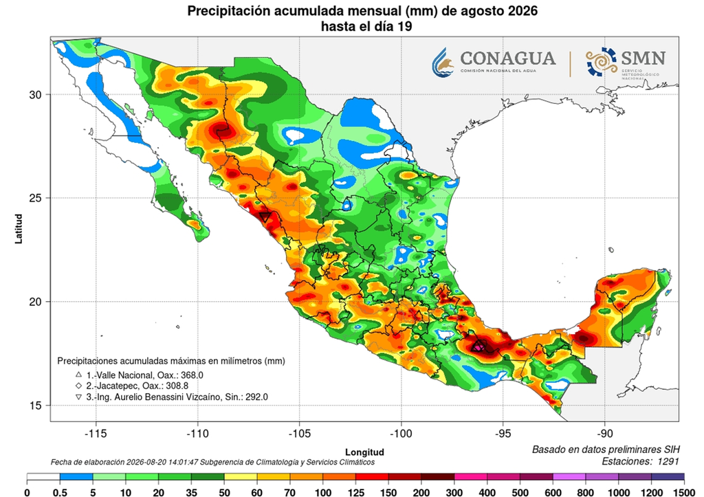 Acumulado de lluvias de agosto en milímetros Ha llovido este agosto en México, pero la cantidad ha sido inferior a lo habitual, algo clásico de La Canícula y El Niño, incrementando sequía.