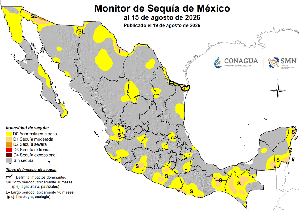 Monitor de Sequía. SMN-CONAGUA El país reporta incremento de la Sequía con 3.5% de extensión, debido al déficit de lluvias con la actual Canícula y el fenómeno de El Niño, siendo estados del sur donde más se percibe.