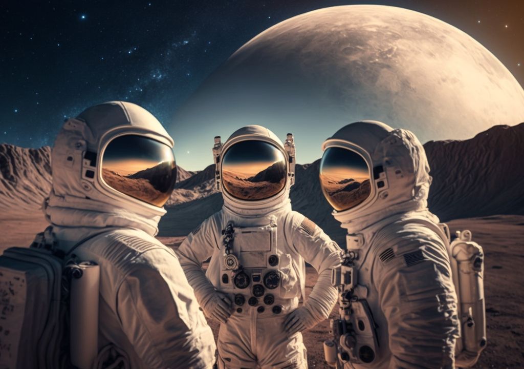 tres personas en traje espacial en un ambiente extraterrestre