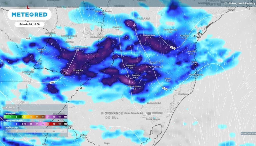 El sábado 24 las tormentas lograrán organización mientras el frente comenzará a comportarse como frío. Esas tormentas asociadas podrán ser localmente intensas.
