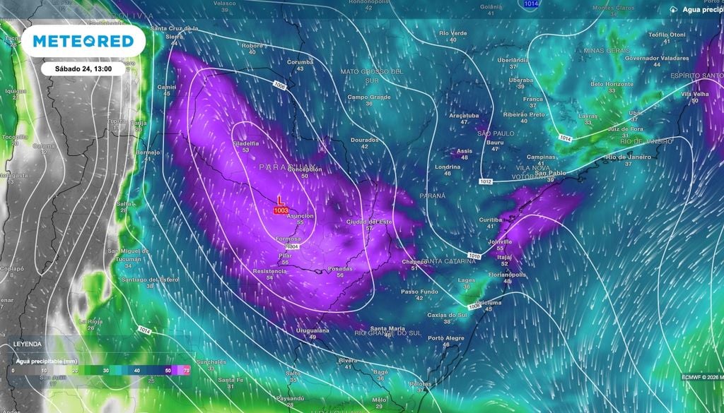 El agua precipitable en la atmósfera será especialmente importante durante el pico del proceso este sábado 24. Muestra la capacidad que tiene la atmósfera de generar precipitaciones y el agua disponible.