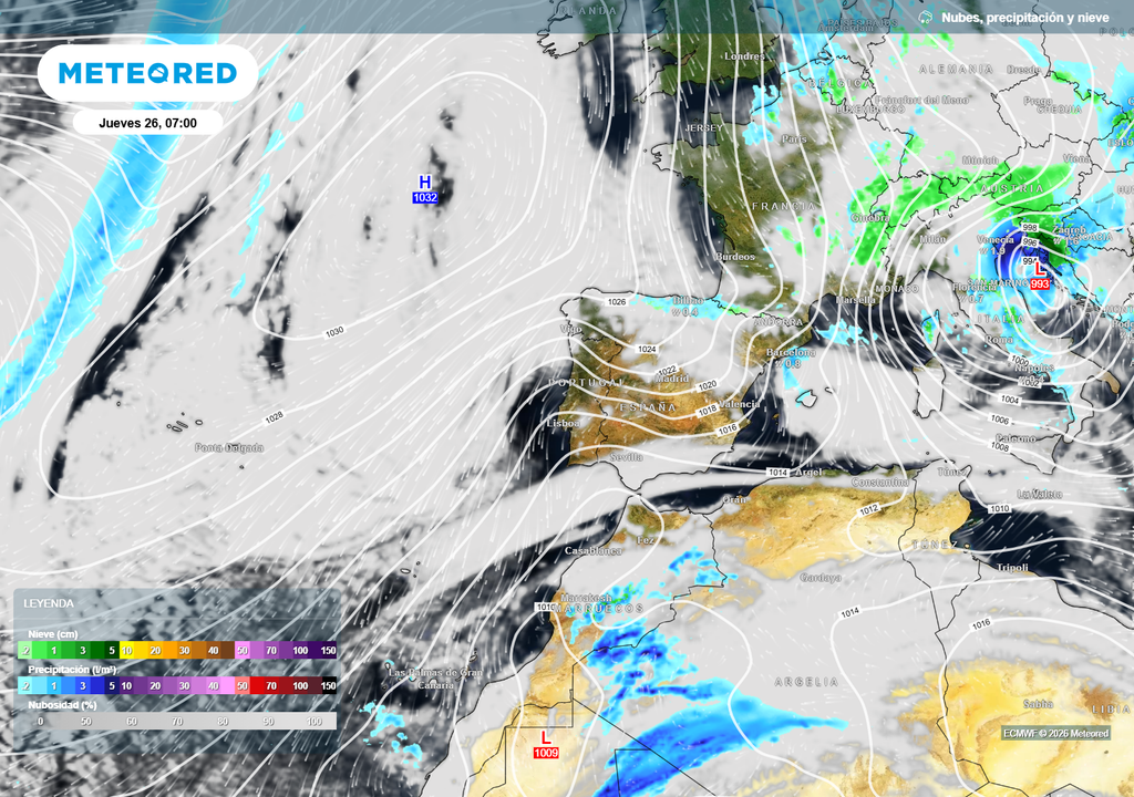 El anticiclón se reforzará al norte de las Azores abriendo paso al viento del norte en la España peninsular.