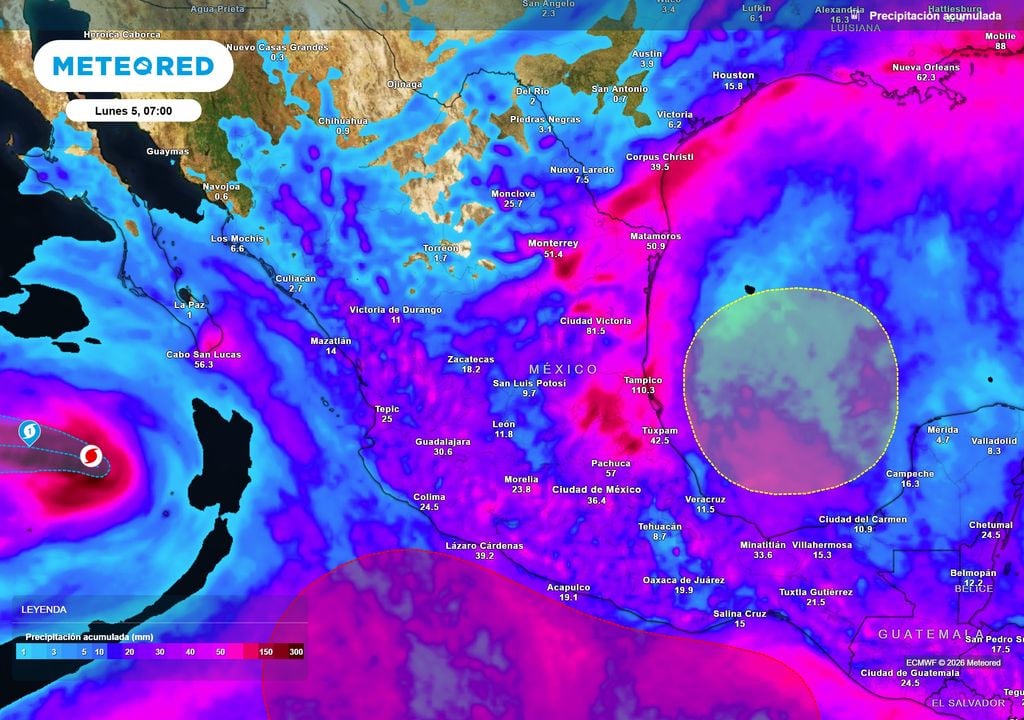 Pronóstico de precipitaciones acumuladas en milímetros La interacción de sistemas ocasionará condiciones de fuertes tormentas, prolongando el Temporal Lluvioso con 20-50 mm y locales de hasta 150 mm este domingo.
