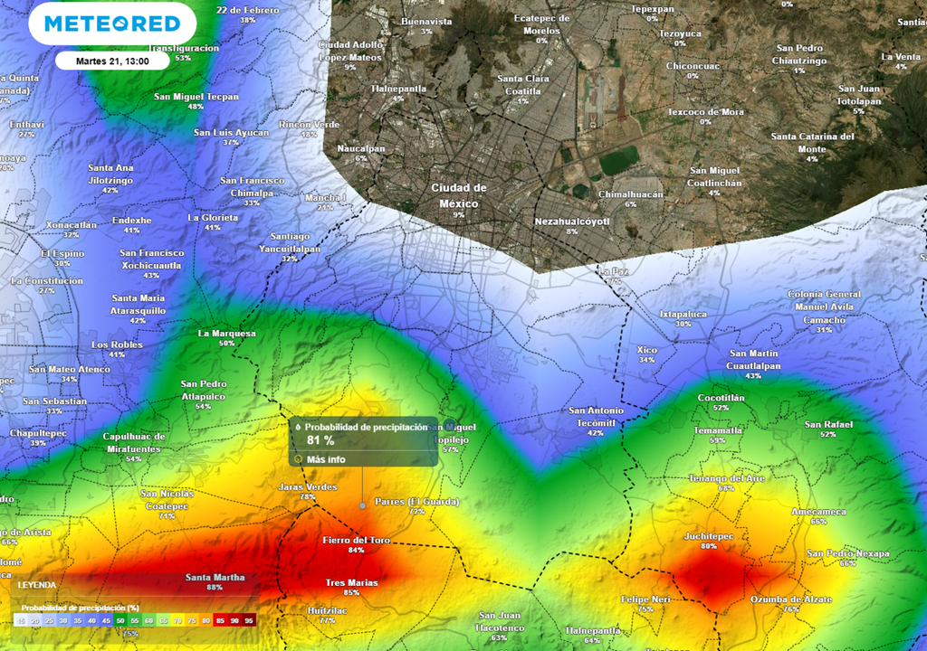 lluvia La mayor probabilidad de lluvia se concentra en la zona montañosa del sur de la ciudad, pero debido al fuerte calentamiento diurno no se descarta la posibilidad de tormentas dispersas en el resto de la capital.
