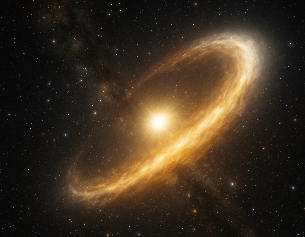 Representación realista de un “eco de luz” tras una explosión estelar, donde el brillo parece expandirse a velocidades superiores a la luz.