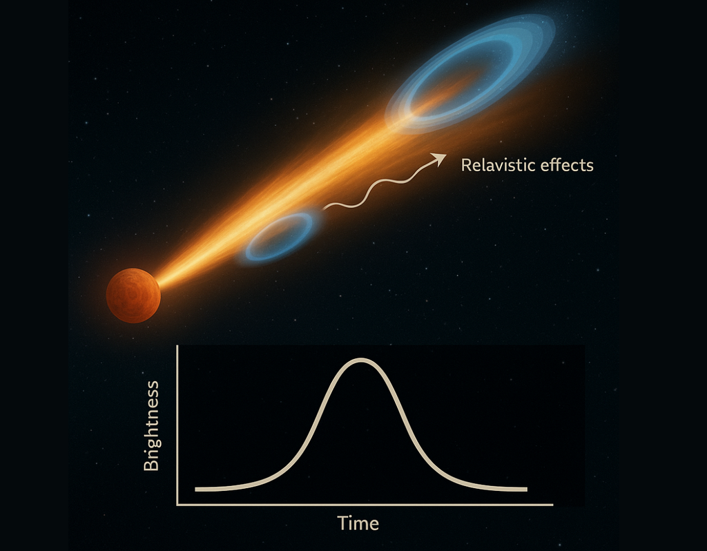 Ilustración de un estallido de rayos gamma: un chorro relativista apunta hacia la Tierra mientras genera un efecto espejo en su curva de luz, con picos simétricos que evidencian la duplicación relativista de la señal.