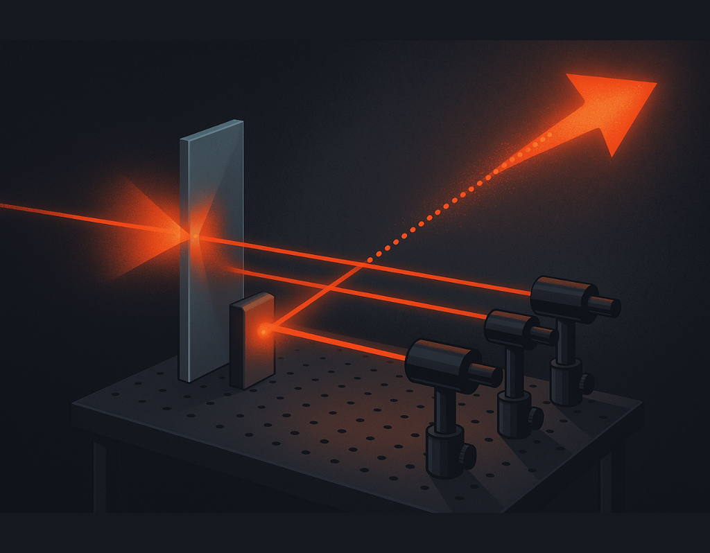 Simulación en laboratorio de un experimento óptico que recrea efectos relativistas: los reflejos láser aparentan moverse más rápido que la luz, revelando fenómenos similares a los observados en el espacio profundo.