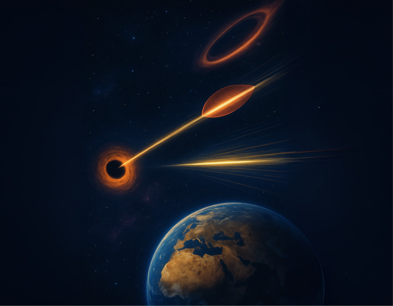 Representación artística de cómo los efectos ópticos de chorros relativistas pueden generar la ilusión de movimientos superlumínicos en el espacio, observados desde la Tierra.