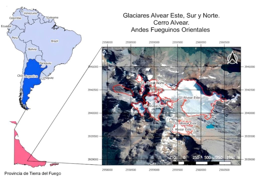 En la imagen se observa la ubicación geográfica del glacial Alvear, en Tierra del Fuego. Imagen: SLT