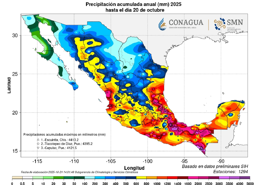 Acumulado anual de lluvias en milímetros. SMN-CONAGUA Acumulado anual de lluvias en milímetros. SMN-CONAGUA