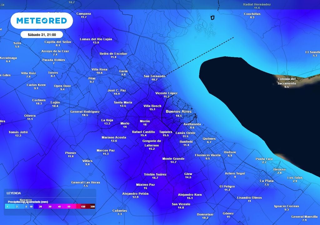 Precipitación acumulada Mapa de precipitación acumulada hasta el sábado 31 de enero en el AMBA.