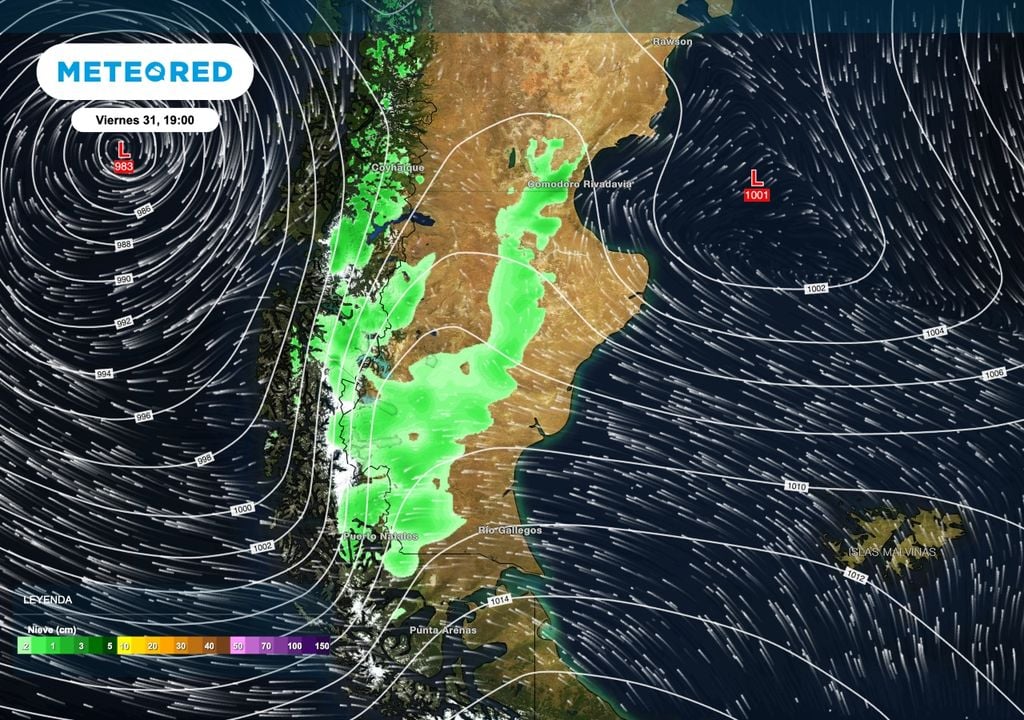 Durante el viernes 31 las nevadas más importantes estarán asociadas al frente cálido que se extenderá a través de Santa Cruz. Algunas nevadas podrán alcanzar sectores de la estepa cercanos a Comodoro Rivadavia.