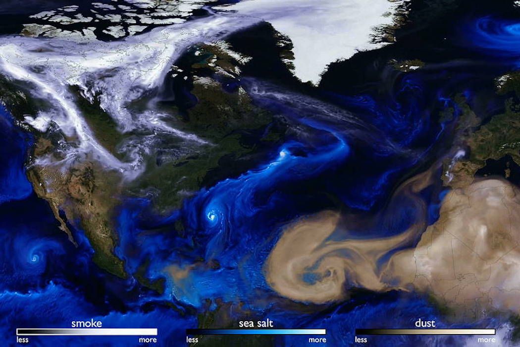Imagen de los aerosoles globales, producido por una simulación GEOS-5 resolución de 10 kilómetros. Crédito: William Putman, NASA.