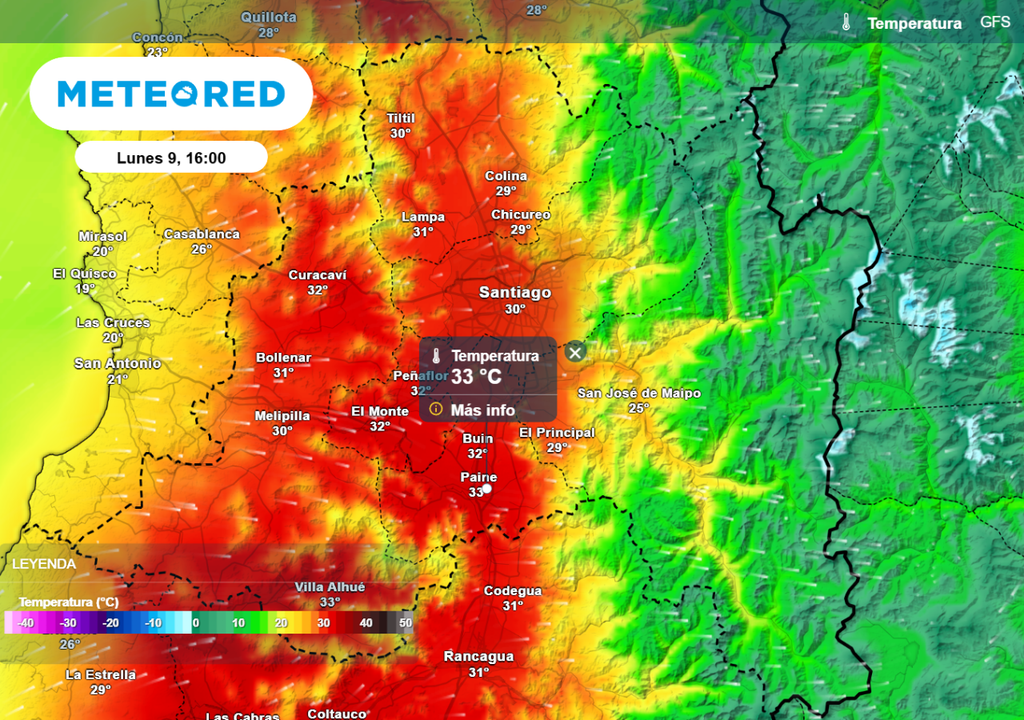 Altas temperaturas regresan desde el lunes y traen otro cambio brusco a Santiago, conforme al modelo GFS.