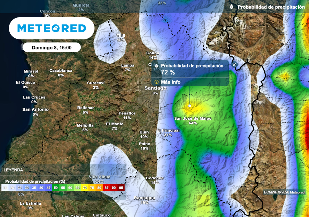 ECMWF indica probabilidad de ocurrencia de precipitaciones en zonas cordilleranas sobre el 70 %.