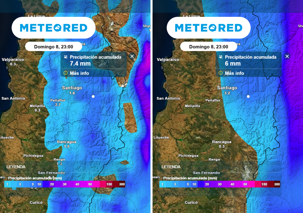 Tanto el modelo ECMWF (imagen izquierda) como el GFS (imagen derecha) coinciden en las probabilidades de lluvias en la RM este domingo.