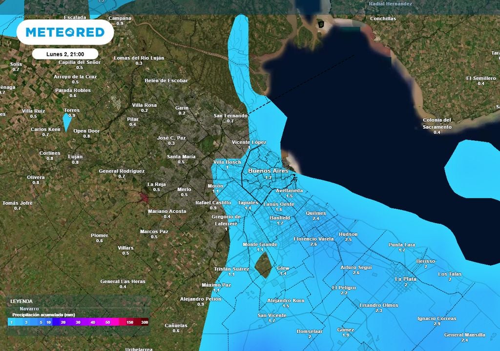 Precipitación acumulada Mapa de precipitación acumulada hasta la noche del lunes 2 de febrero en el AMBA.