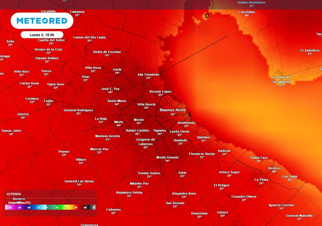 Temperaturas 15:00 Temperaturas previstas para la tarde del lunes 2 de enero en el AMBA.