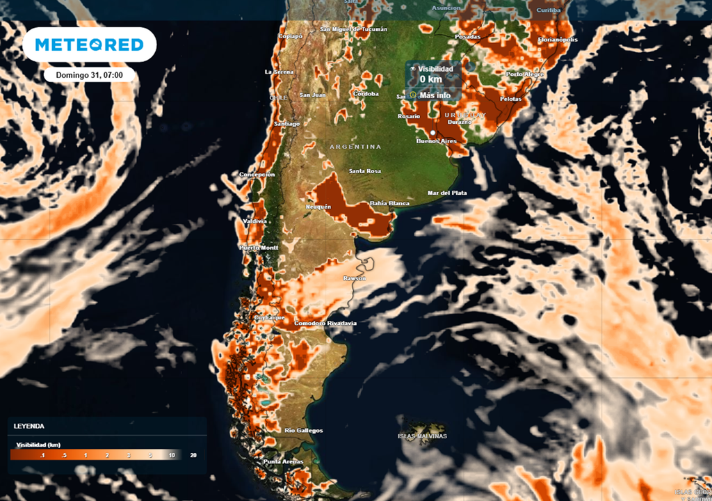 Visibilidad reducida por la formacion de neblinas y bancos de niebla matinales. Modelo ECMWF.