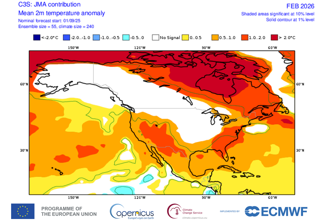Anomalía de temperatura para febrero de 2026